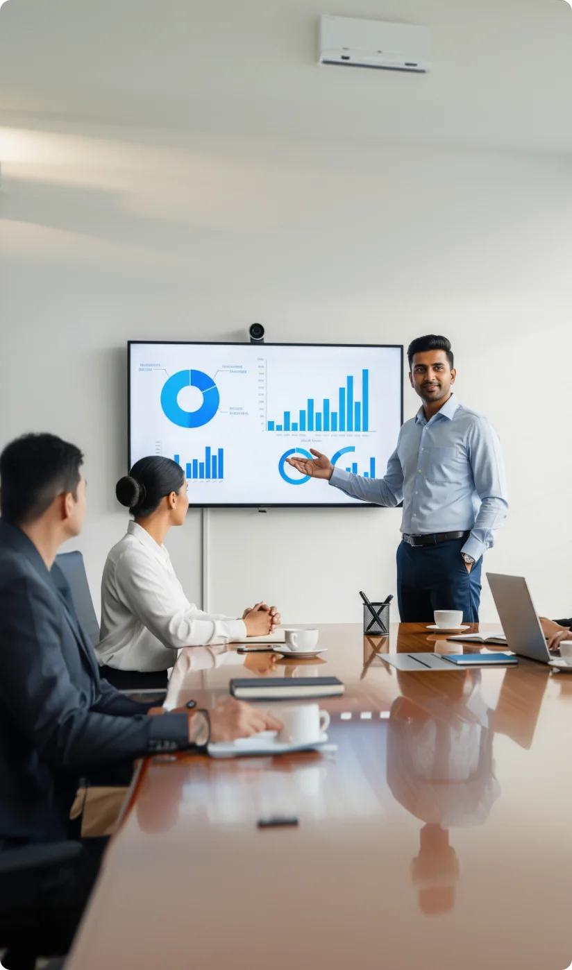 Executive search consultant conducting a senior leadership talent evaluation meeting